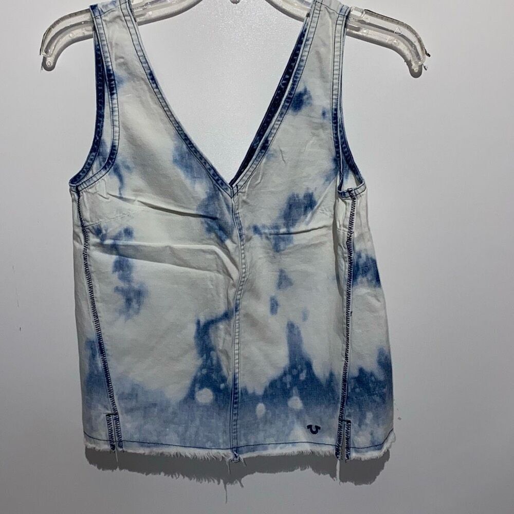 True Religion Women's Bleached Indigo Raw Edge Tie Dye V-Neck Tank‎ Top Size XS